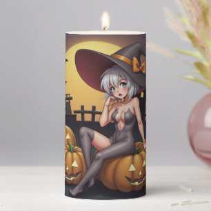 Green Eye Halloween Witch on Jack-O-Lantern's Pillar Candle