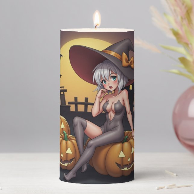 Green Eye Halloween Witch on Jack-O-Lantern's Pillar Candle (In Situ)