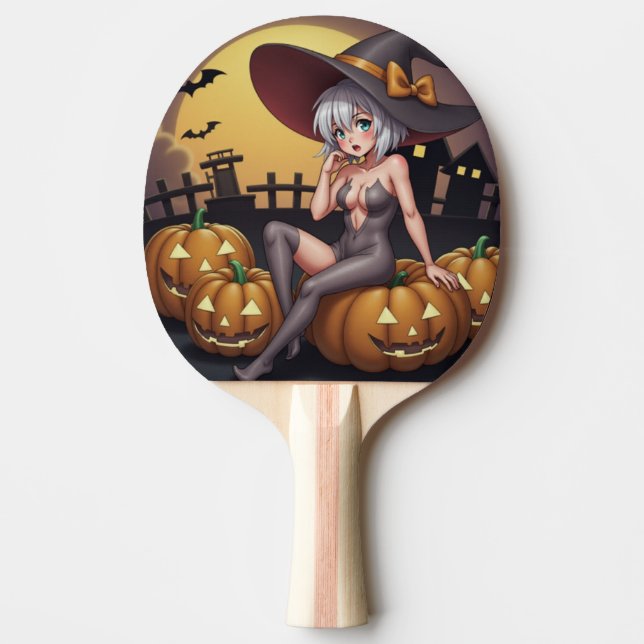 Green Eye Halloween Witch on Jack-O-Lantern's Ping Pong Paddle (Front)