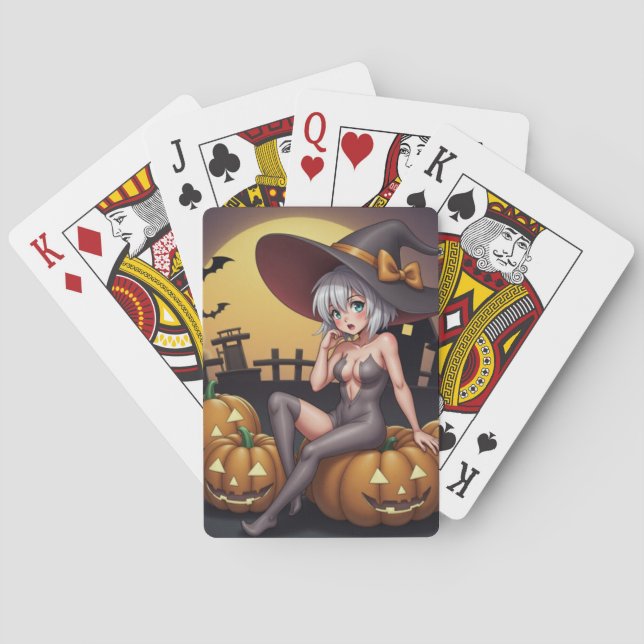 Green Eye Halloween Witch on Jack-O-Lantern's Poker Cards (Back)