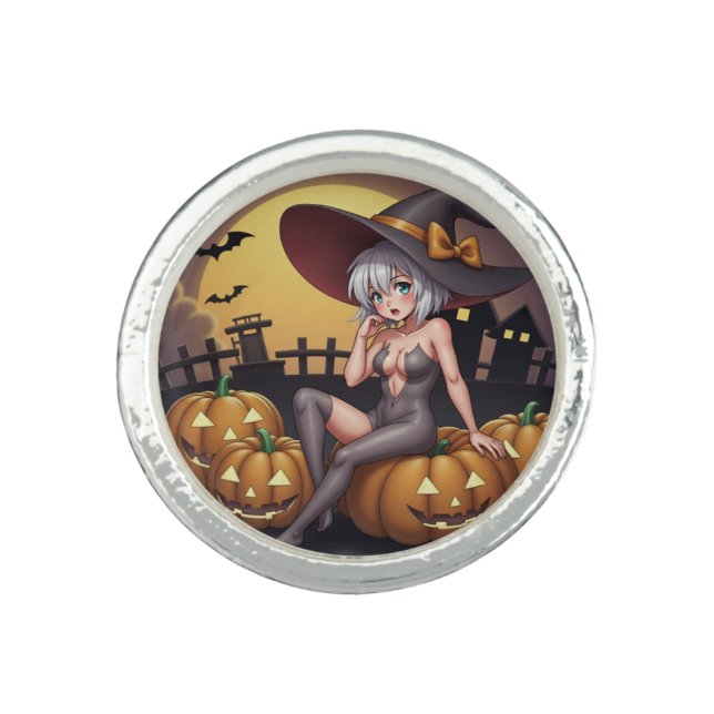 Green Eye Halloween Witch on Jack-O-Lantern's Ring (Front)