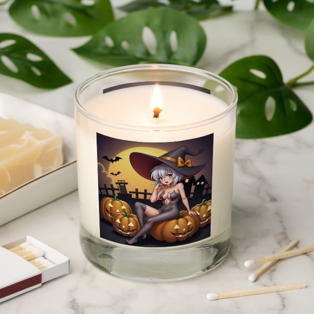 Green Eye Halloween Witch on Jack-O-Lantern's Scented Candle (Lit)