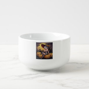 Green Eye Halloween Witch on Jack-O-Lantern's Soup Mug