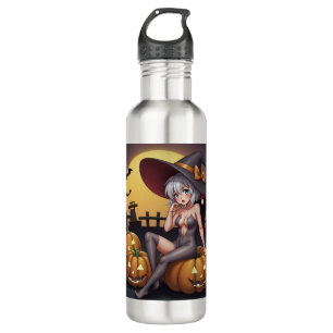 Green Eye Halloween Witch on Jack-O-Lantern's Stainless Steel Water Bottle