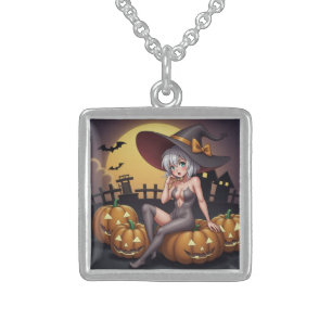 Green Eye Halloween Witch on Jack-O-Lantern's Sterling Silver Necklace