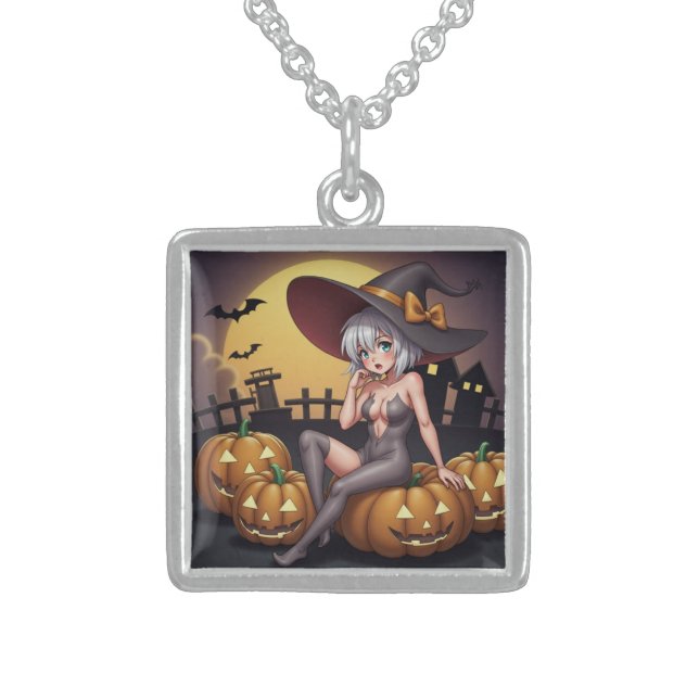 Green Eye Halloween Witch on Jack-O-Lantern's Sterling Silver Necklace (Front)