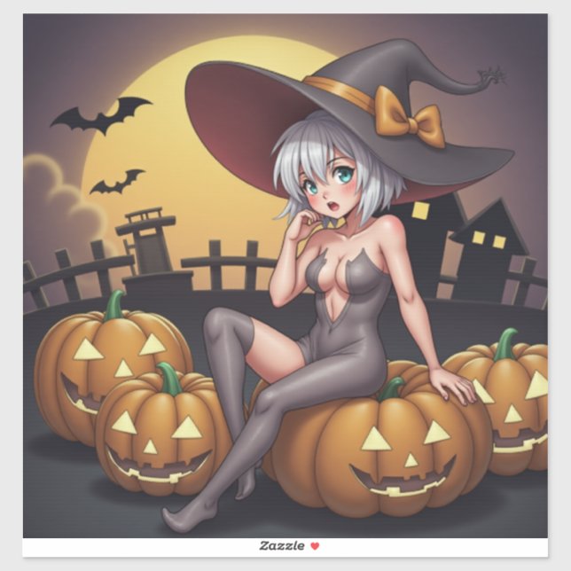 Green Eye Halloween Witch on Jack-O-Lantern's Sticker (Sheet)