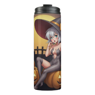 Green Eye Halloween Witch on Jack-O-Lantern's Thermal Tumbler