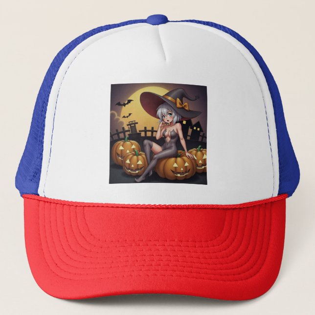 Green Eye Halloween Witch on Jack-O-Lantern's Trucker Hat (Front)