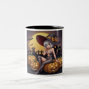 Green Eye Halloween Witch on Jack-O-Lantern's Two-Tone Coffee Mug