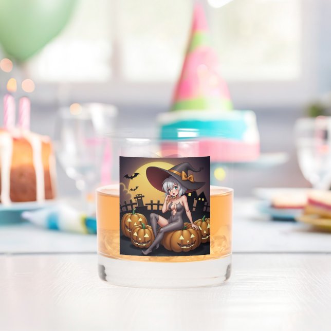 Green Eye Halloween Witch on Jack-O-Lantern's Whiskey Glass (Insitu (Birthday))