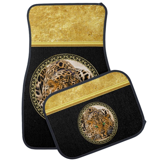 Green eye leopard with Spotted skin gold foil Car Floor Mat (Set)