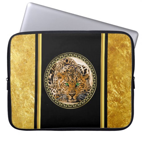 Green eye leopard with Spotted skin gold foil Laptop Sleeve