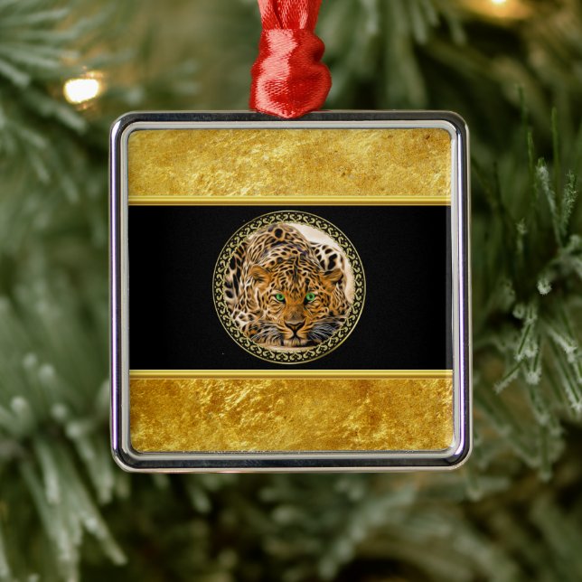 Green eye leopard with Spotted skin gold foil Metal Ornament (Tree)
