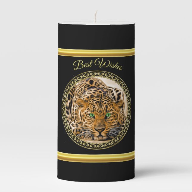 Green eye leopard with Spotted skin gold foil Pillar Candle (Front)