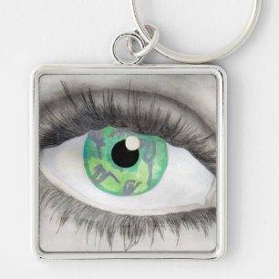 Green Eye With Dancer Silhouettes in Iris Keychain
