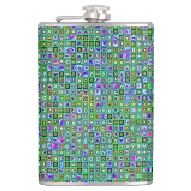 Green 'Eyeballs' Psychedelic Retro Tiles Pattern Flask (Front)