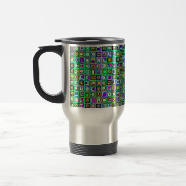 Green 'Eyeballs' Psychedelic Retro Tiles Pattern Travel Mug (Left)