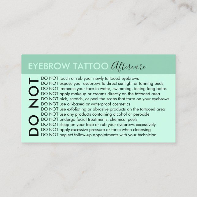 Green Eyebrow Tattoo Avoids Advices Aftercare Business Card (Back)