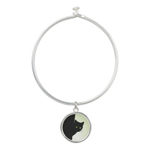 Green Eyed Black Cat Bangle Bracelet