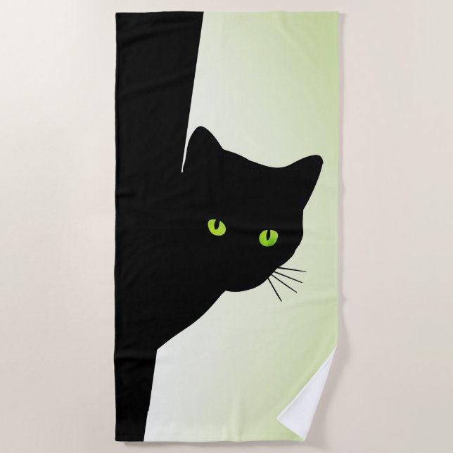 Green Eyed Black Cat Beach Towel (Front)