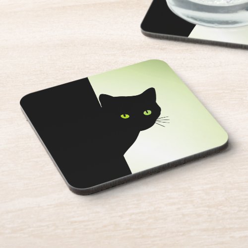 Green Eyed Black Cat Beverage Coaster