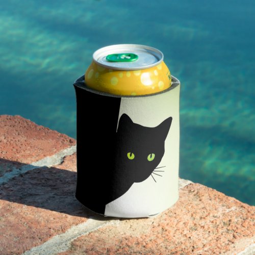 Green Eyed Black Cat Can Cooler