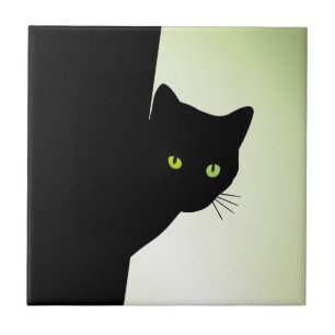 Green Eyed Black Cat Ceramic Tile