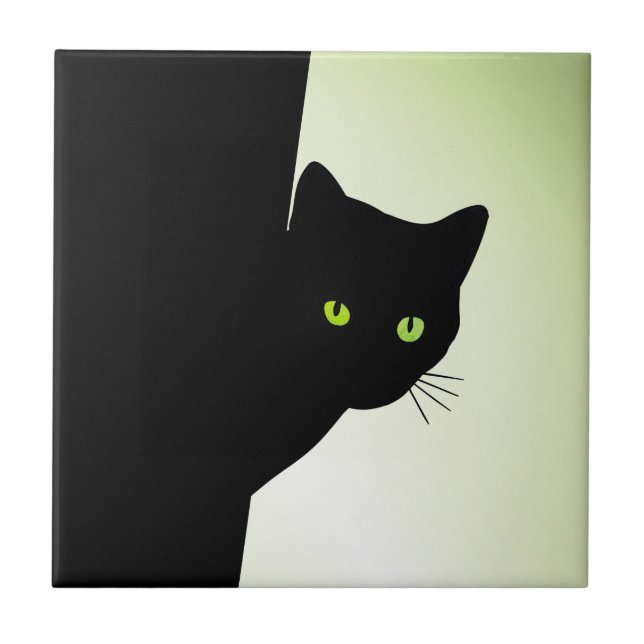 Green Eyed Black Cat Ceramic Tile (Front)