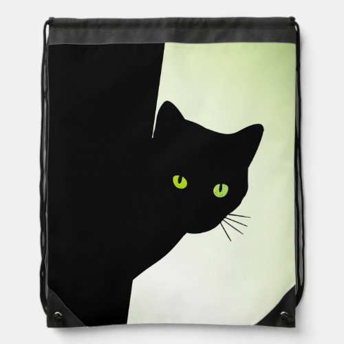 Green Eyed Black Cat Drawstring Bag