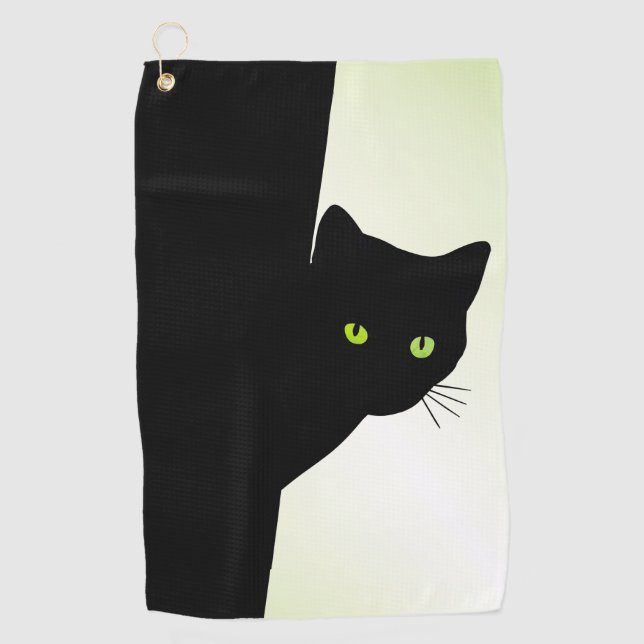 Green Eyed Black Cat Golf Towel (Front)