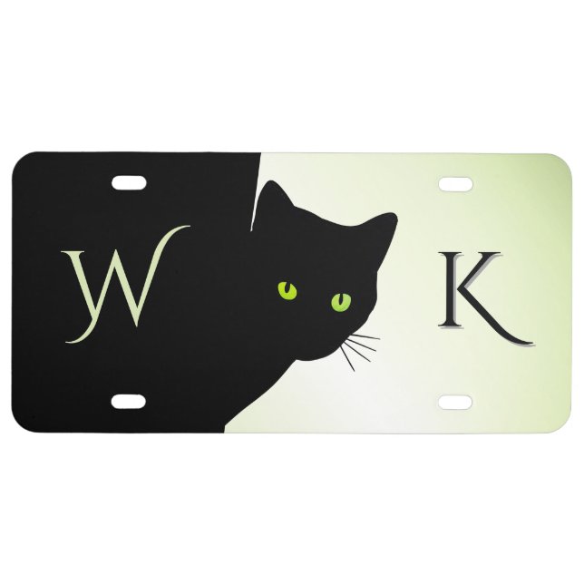 Green Eyed Black Cat monogram License Plate (Front)
