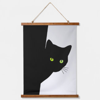 Green Eyed Black Cat on Silver Hanging Tapestry