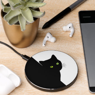 Green Eyed Black Cat on White Wireless Charger