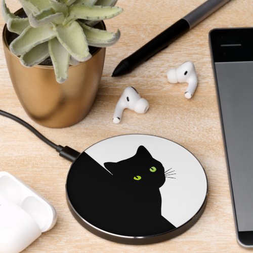 Green Eyed Black Cat on White Wireless Charger