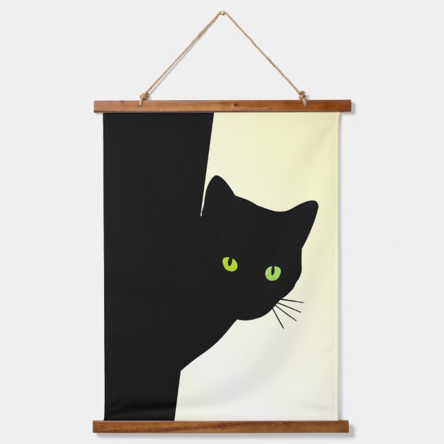 Green Eyed Black Cat on Yellow Hanging Tapestry (Front)
