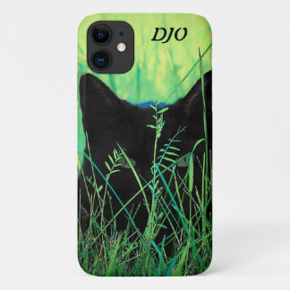 Green Eyed Black Cat stalking iPhone 11 Case