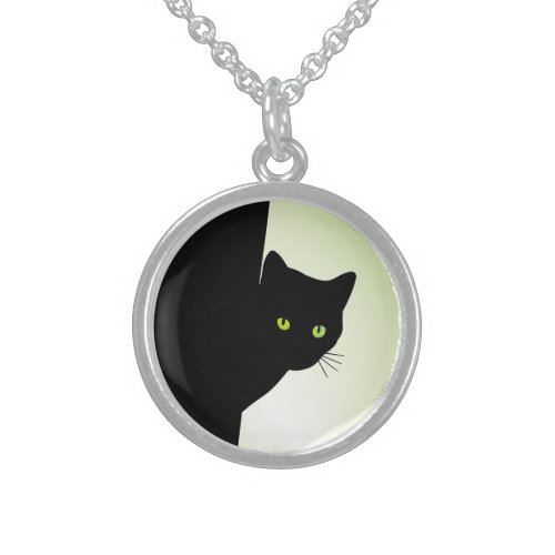 Green Eyed Black Cat Sterling Silver Necklace