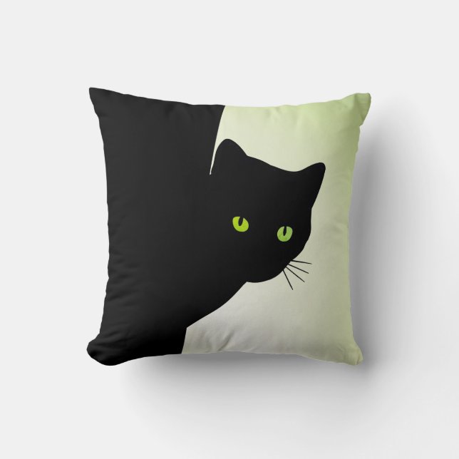 Green Eyed Black Cat Throw Pillow (Front)