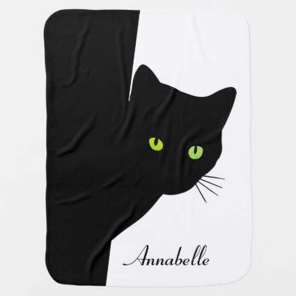 Green Eyed Black Cat White w Name Baby Blanket