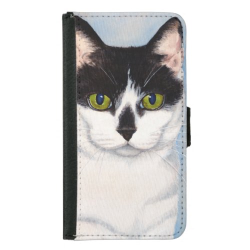 Green_Eyed Black  White Cat Painting Wallet Phone Case For Samsung Galaxy S5