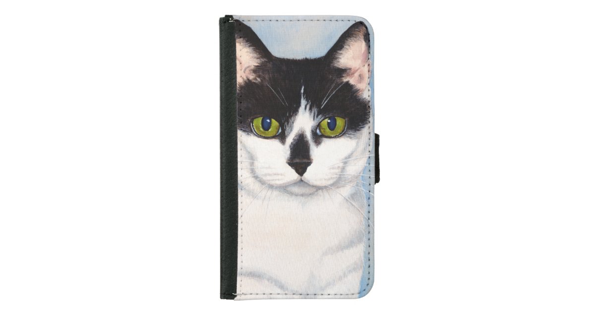 Green Eyed Black White Cat Painting Samsung Galaxy Wallet Case
