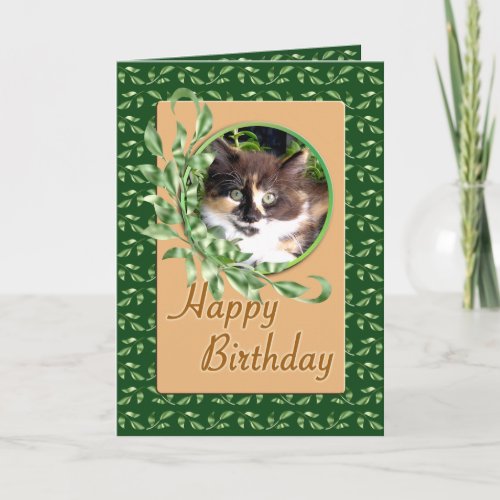 Green Eyed Calico Kitty Happy Birthday Card