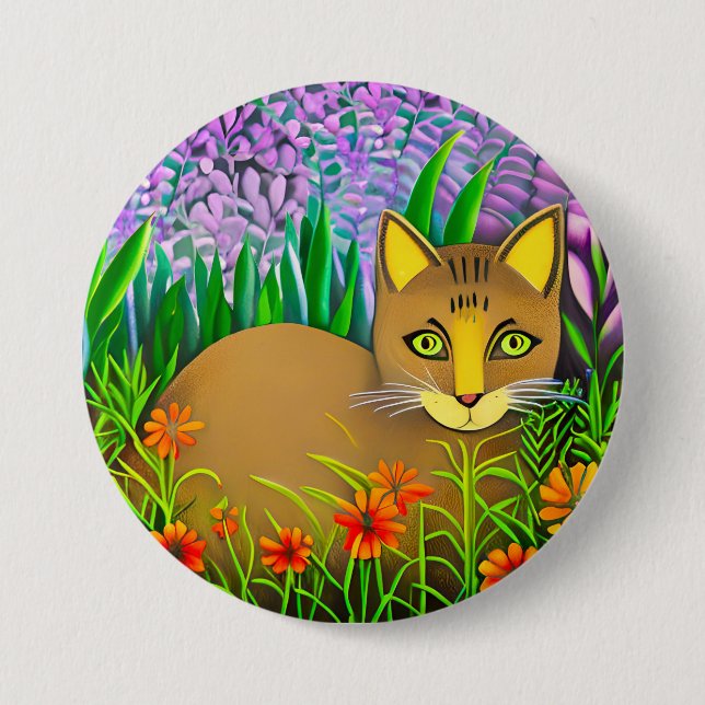 Green Eyed Cat in a Flower Garden Button (Front)