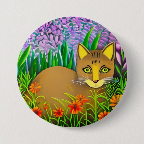 Green Eyed Cat in a Flower Garden Button