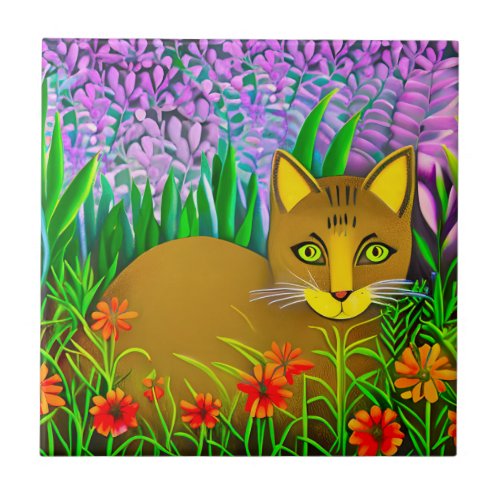 Green Eyed Cat in a Flower Garden Ceramic Tile