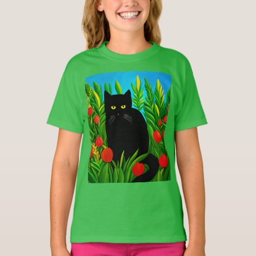 Green Eyed Cat in a Flower Garden Kids Tee