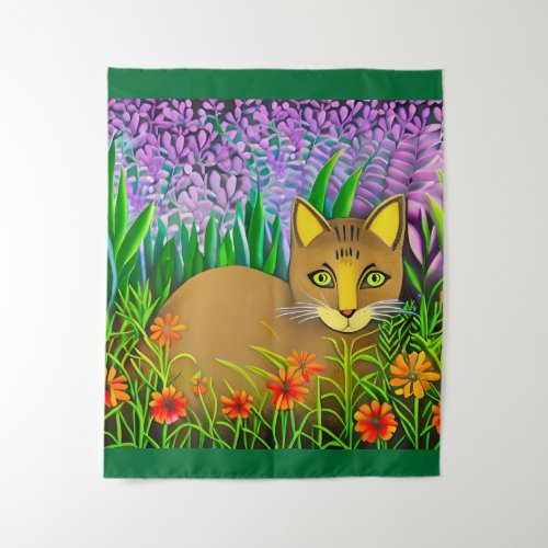 Green Eyed Cat in a Flower Garden  Tapestry