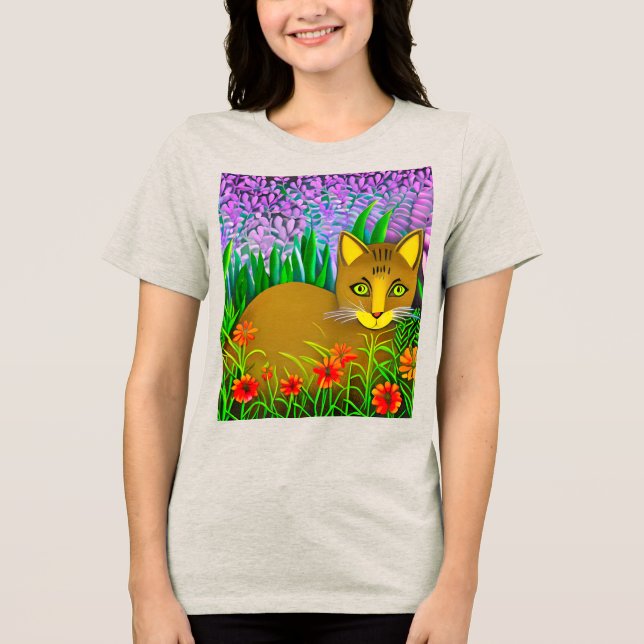 Green Eyed Cat in a Flower Garden Tri-Blend Shirt (Front)