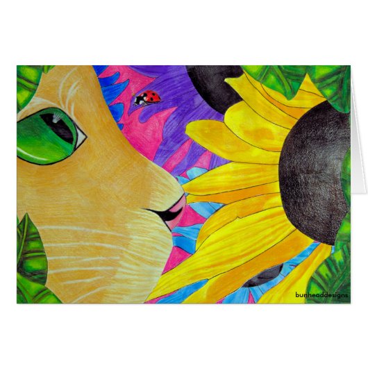 Green-Eyed Cat with Ladybug and Flower Cards (Front Horizontal)